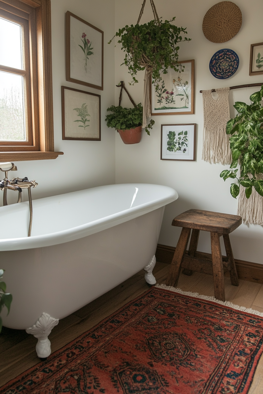Gallery walls with mixed artwork in a boho bathroom.