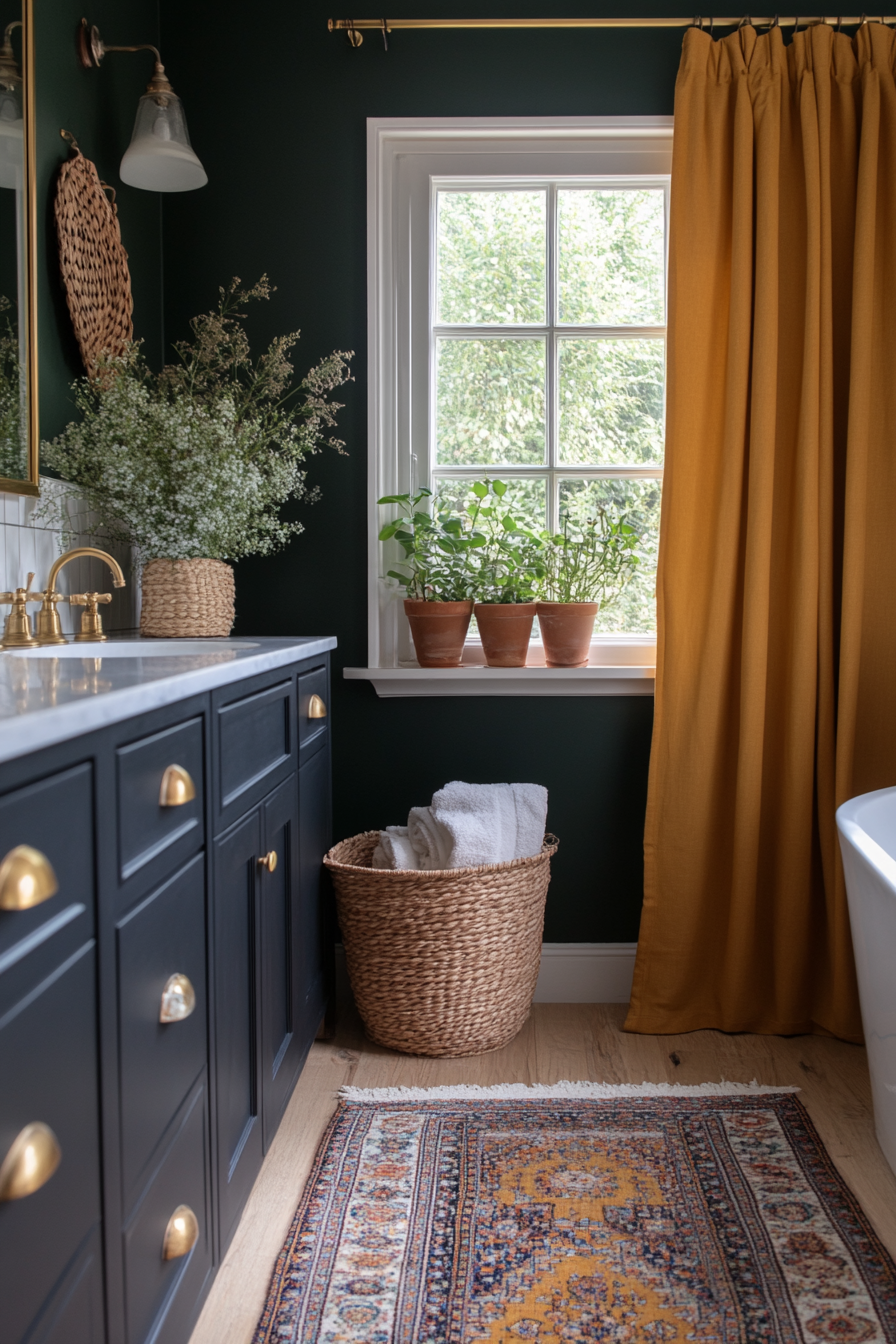 Bold, jewel-toned color schemes in a boho bathroom.