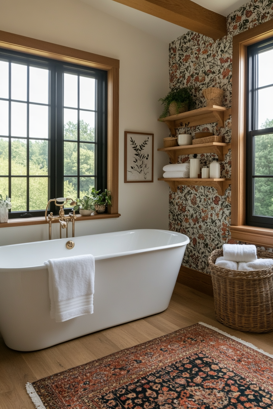 Vibrant floral wallpaper in a boho bathroom.