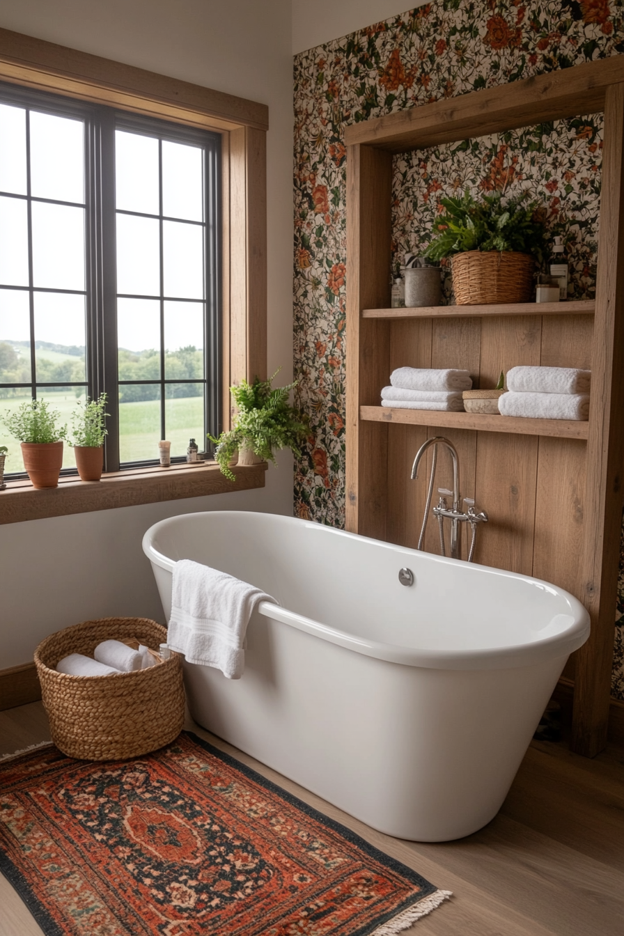 Vibrant floral wallpaper in a boho bathroom.