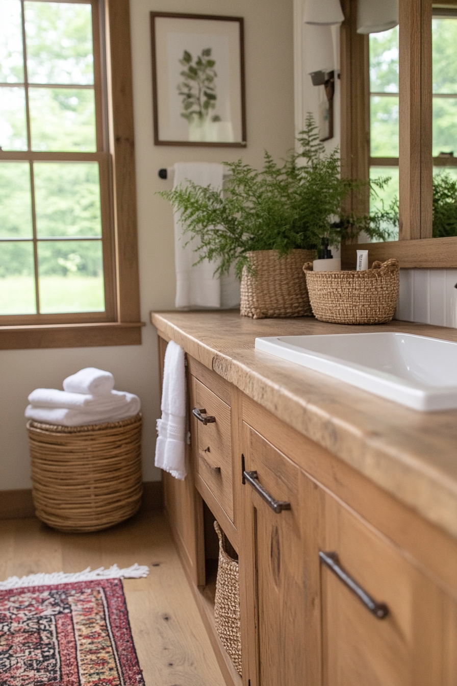 Incorporating natural elements like wood, stone, and bamboo in a boho bathroom.