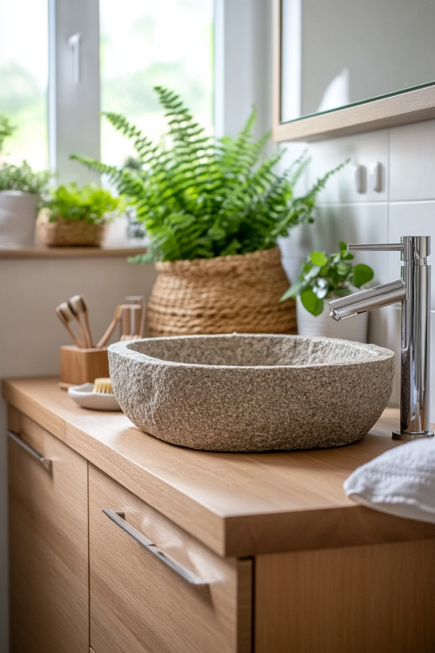 Incorporating natural elements like wood, stone, and bamboo in a boho bathroom.