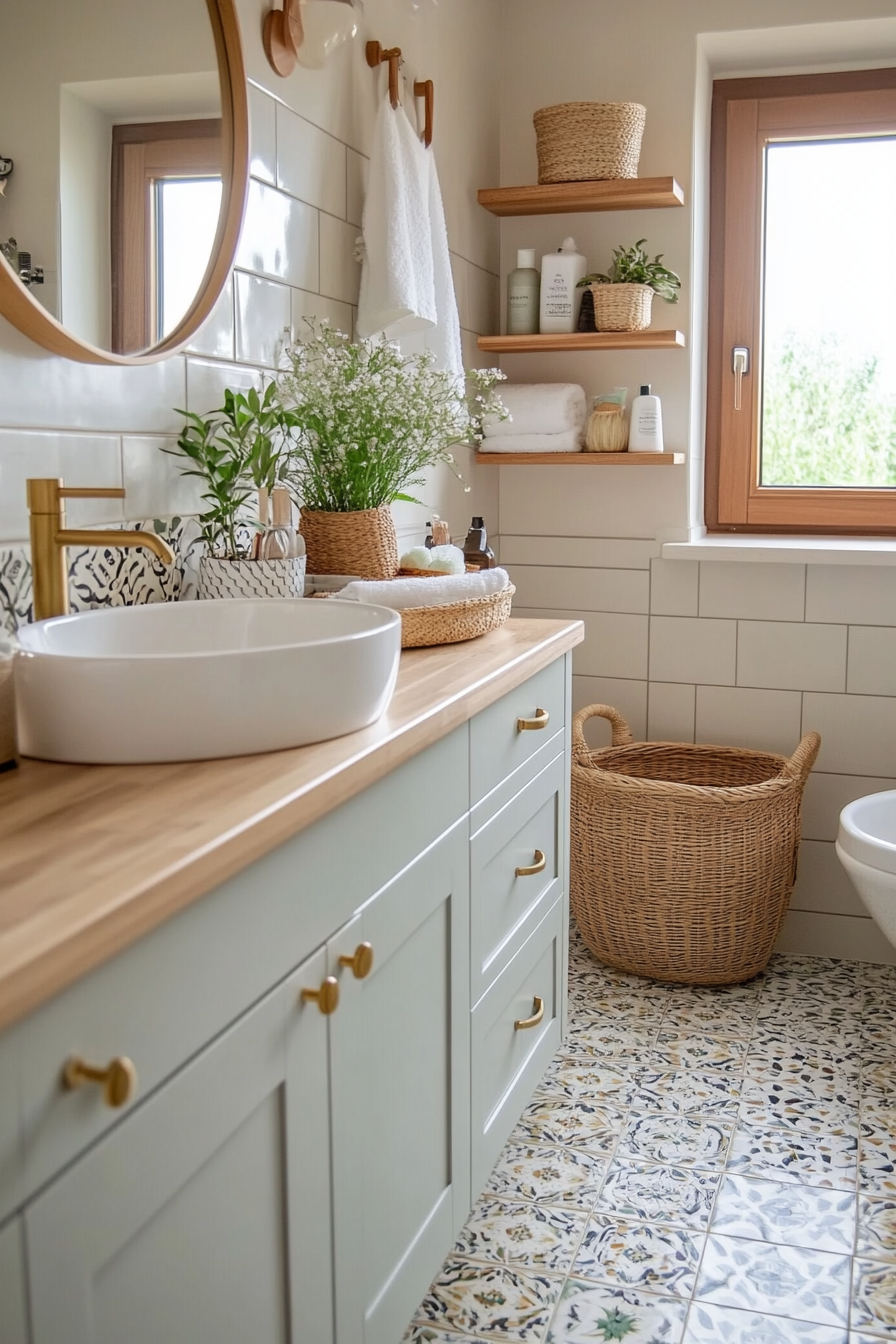 Patterned Moroccan tiles in a boho bathroom.
