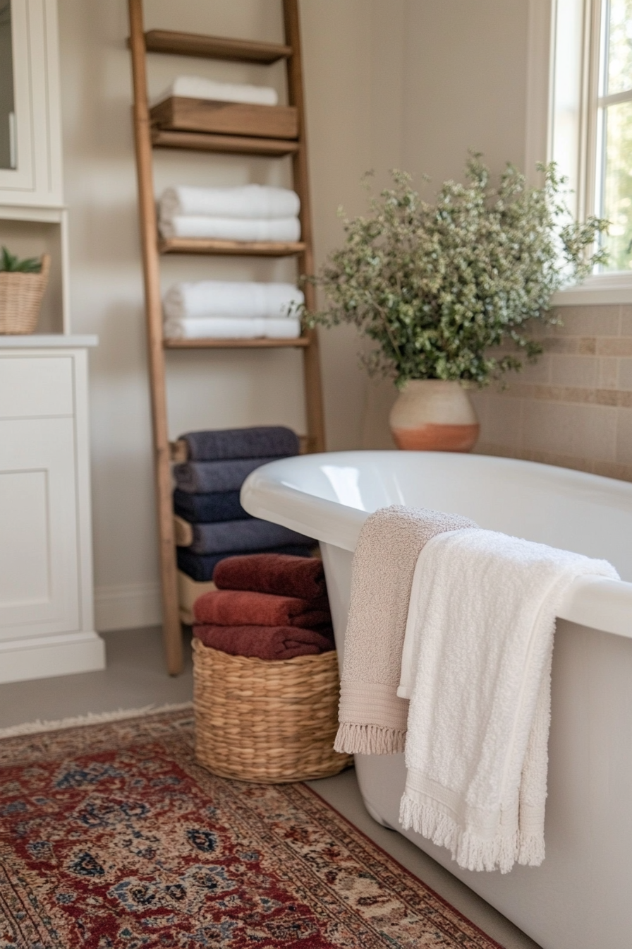 Colorful and patterned towels in a boho bathroom.