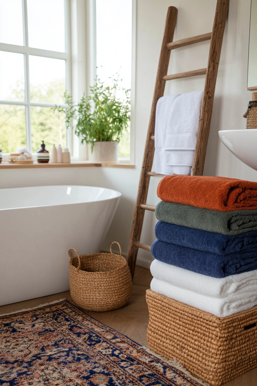 Colorful and patterned towels in a boho bathroom.