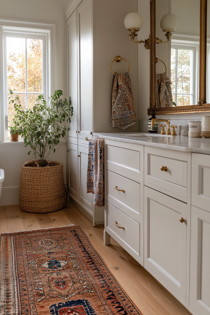 Vintage mirrors with ornate frames in a boho bathroom.