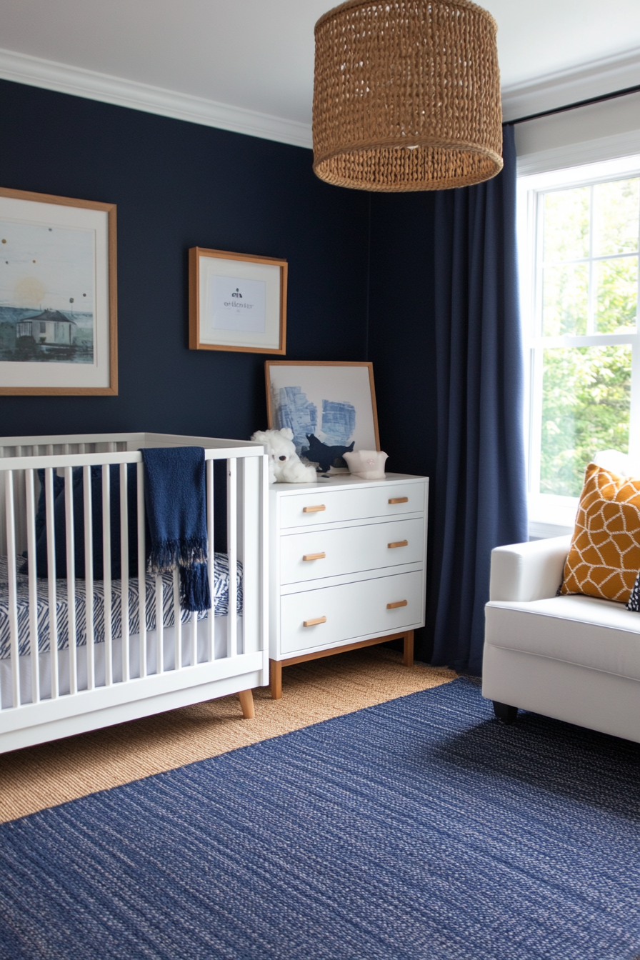 Nursery with blue decor and patterns