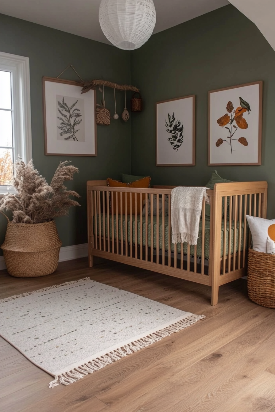 Nursery with green accents and natural materials