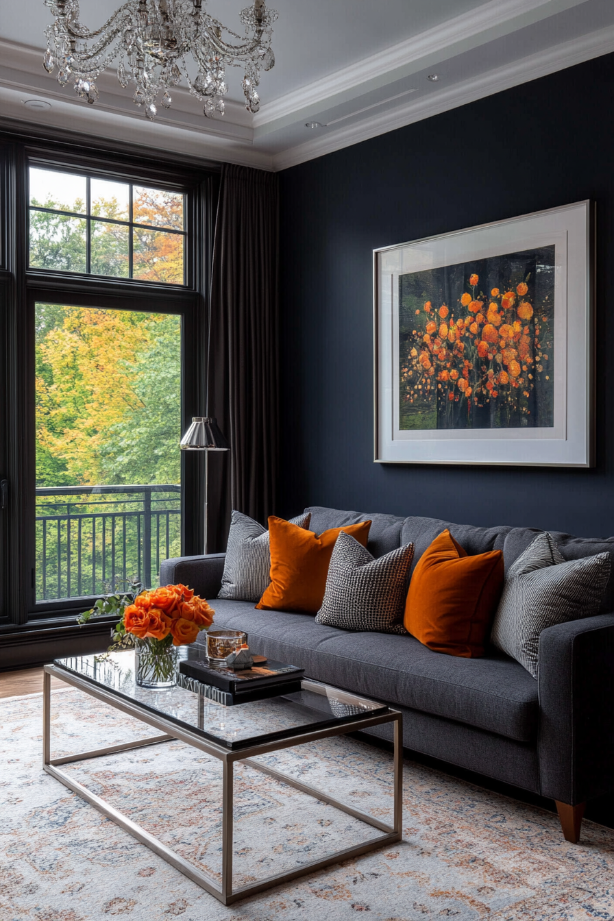 Sophisticated living room with grey walls