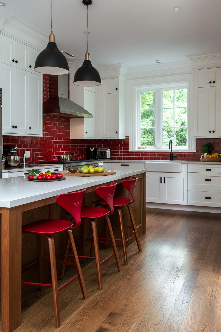 Lively kitchen with red bar stools