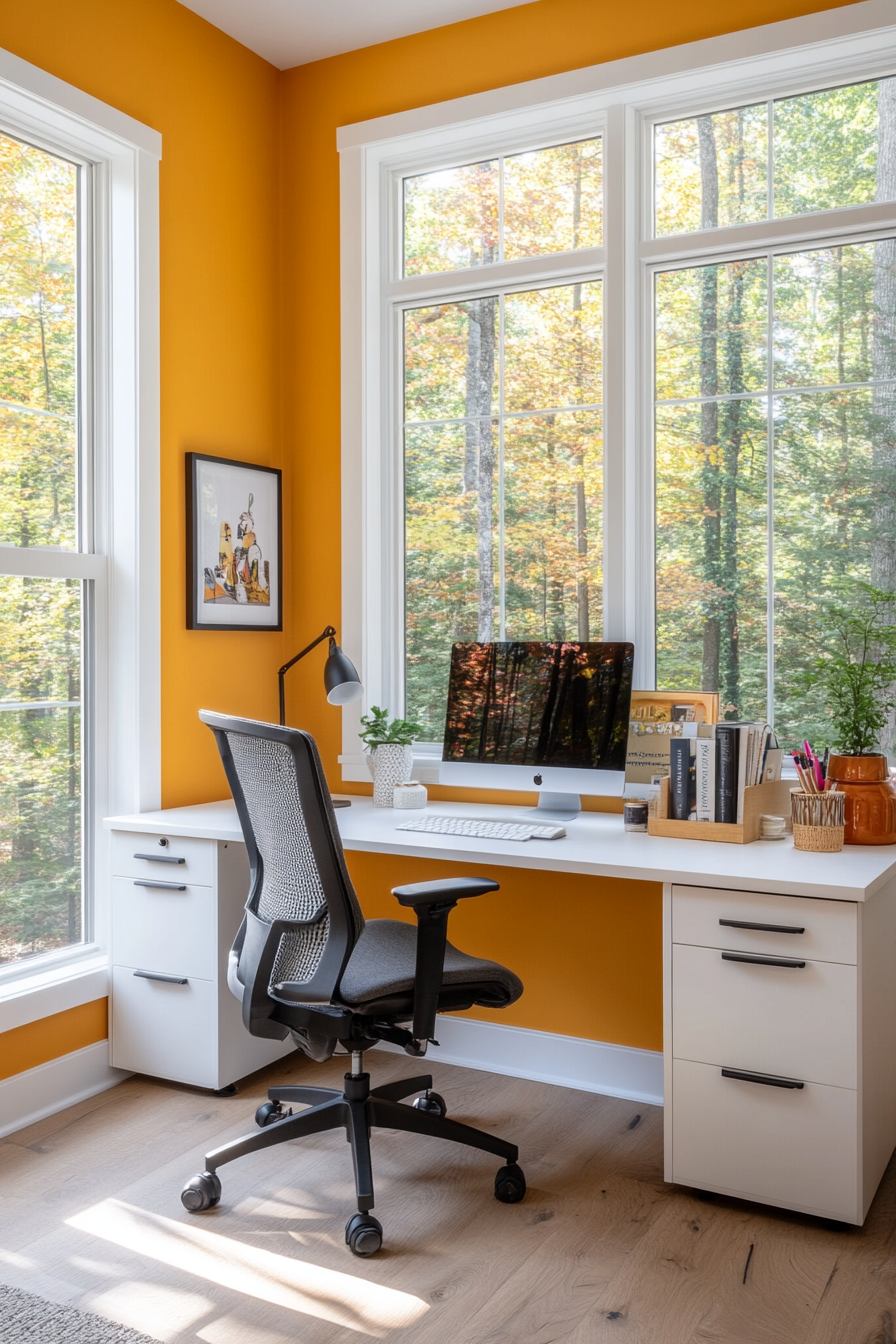 Bright home office with yellow accent wall