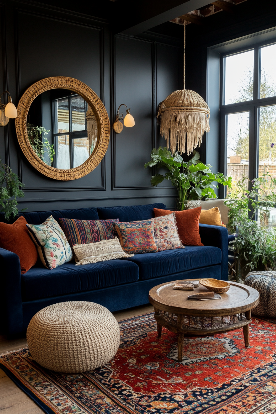 Layered area rugs in rich colors and patterns