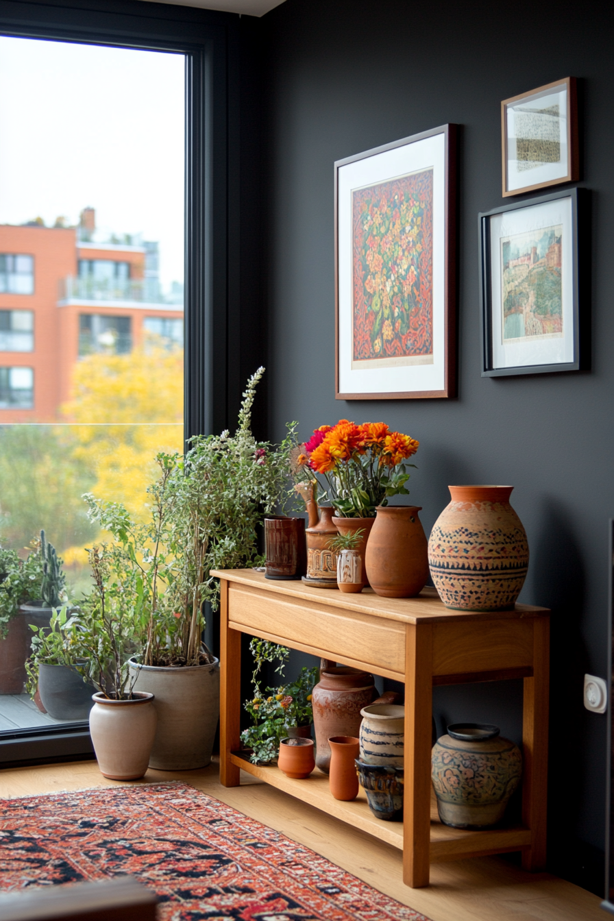 Artistic accents, including hand-painted vases and pottery