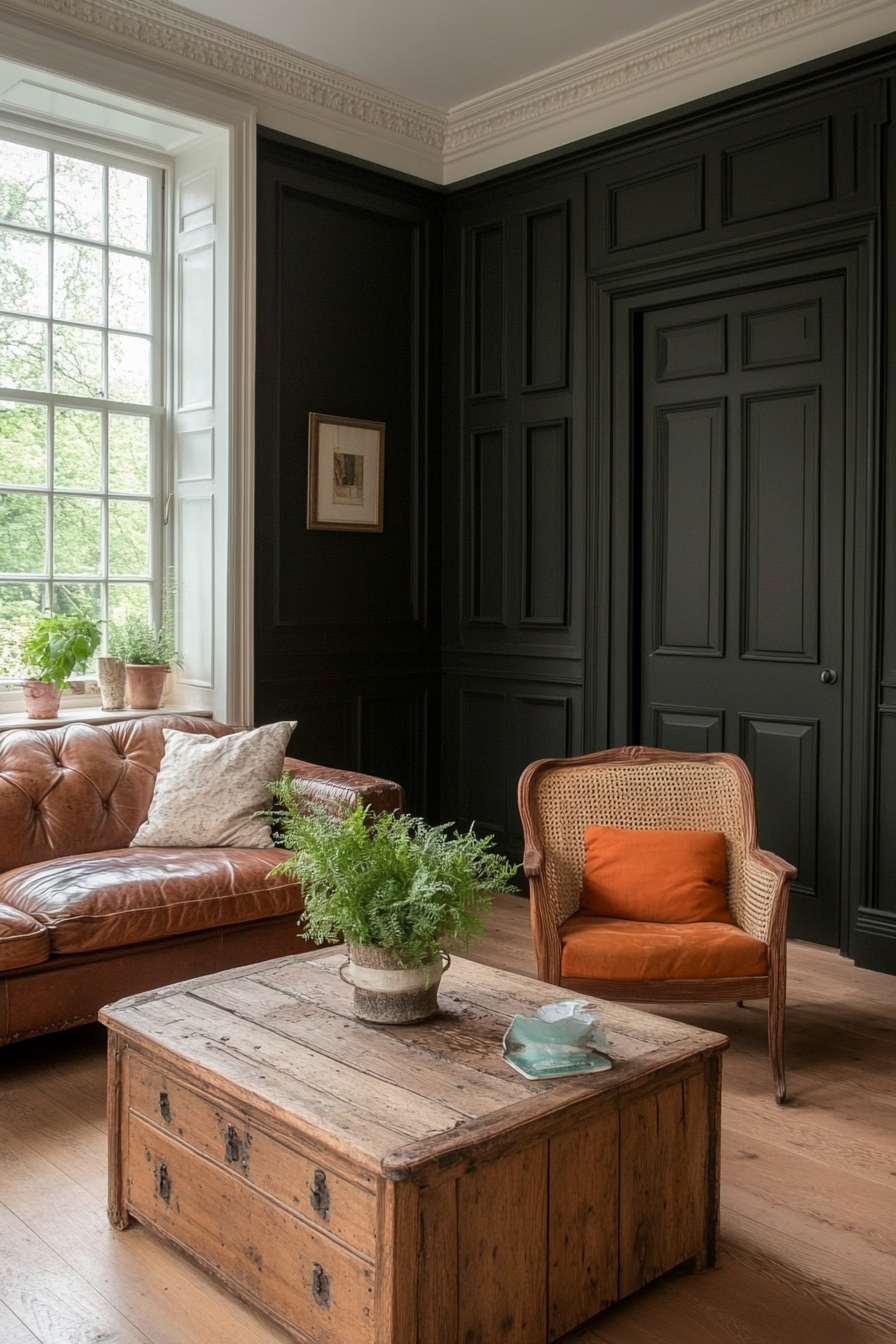 Boho chic furniture like a low wooden coffee table and a rattan armchair