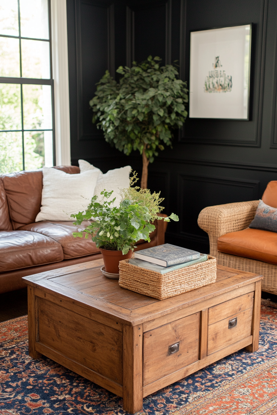 Boho chic furniture like a low wooden coffee table and a rattan armchair