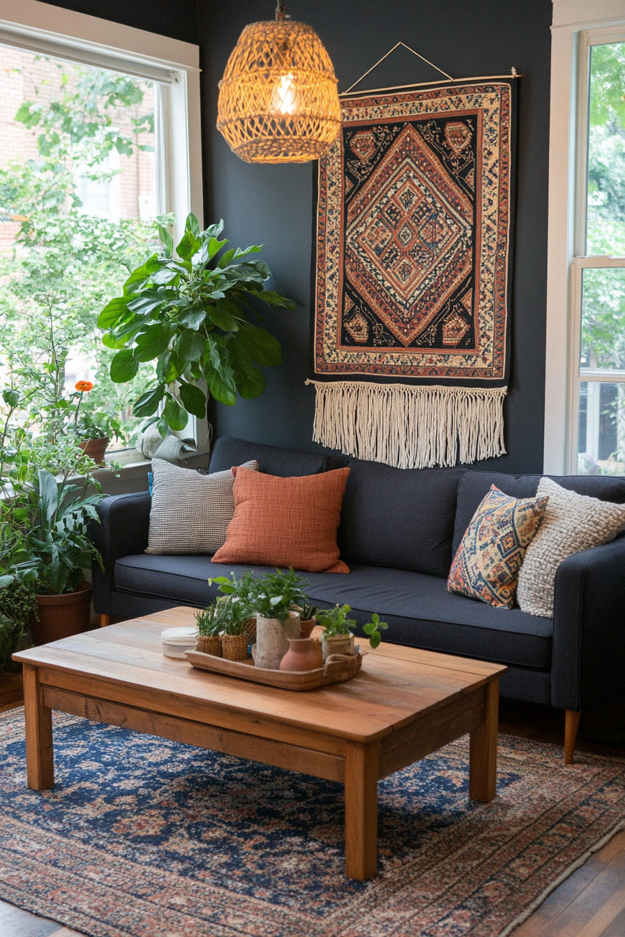 Bohemian wall hangings like macrame and woven textiles