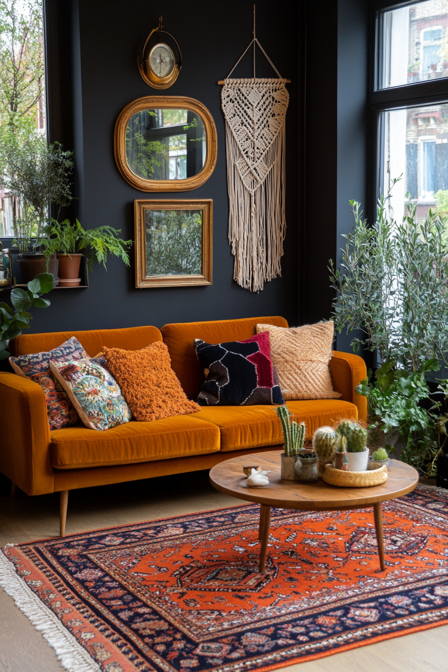 Layered area rugs in rich colors and patterns
