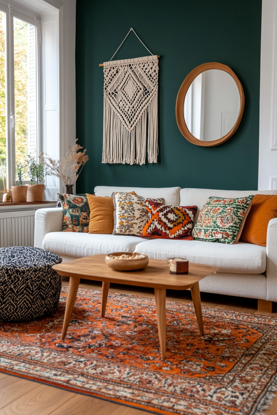 Bold accent wall in deep emerald green