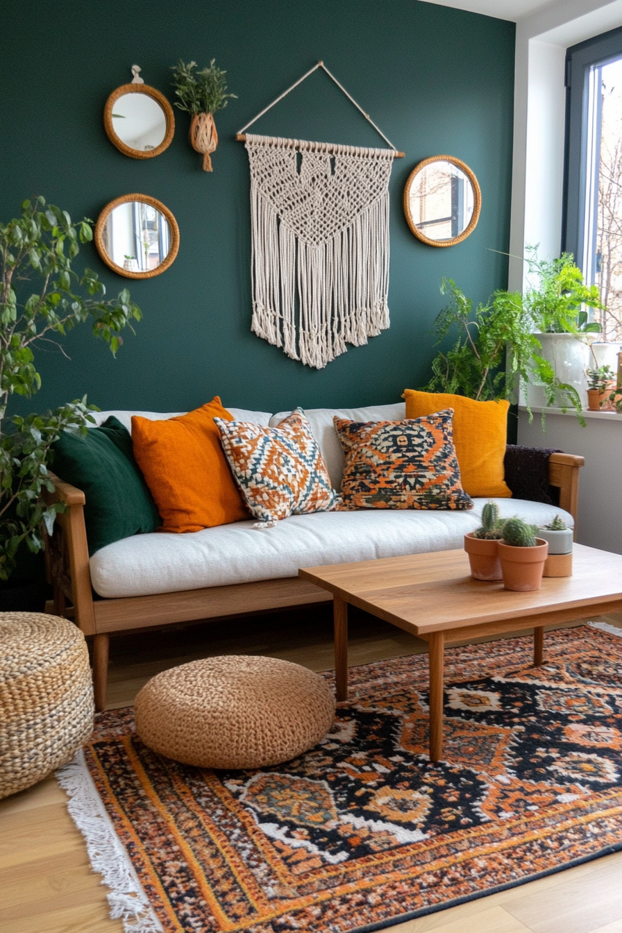 Bold accent wall in deep emerald green
