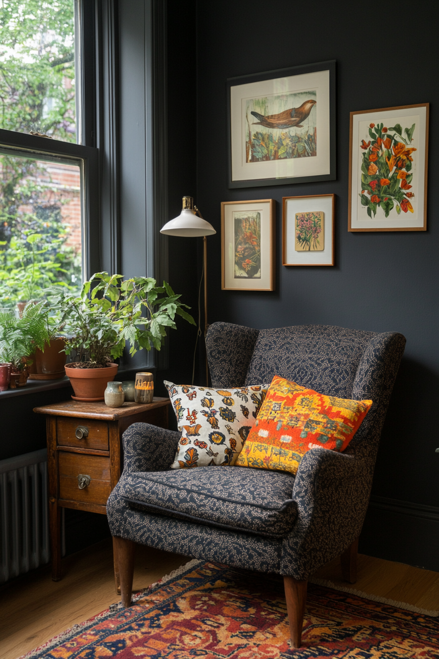 Eclectic gallery wall with various framed artworks