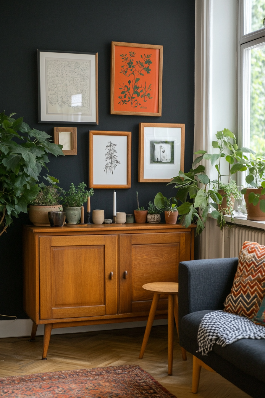 Eclectic gallery wall with various framed artworks