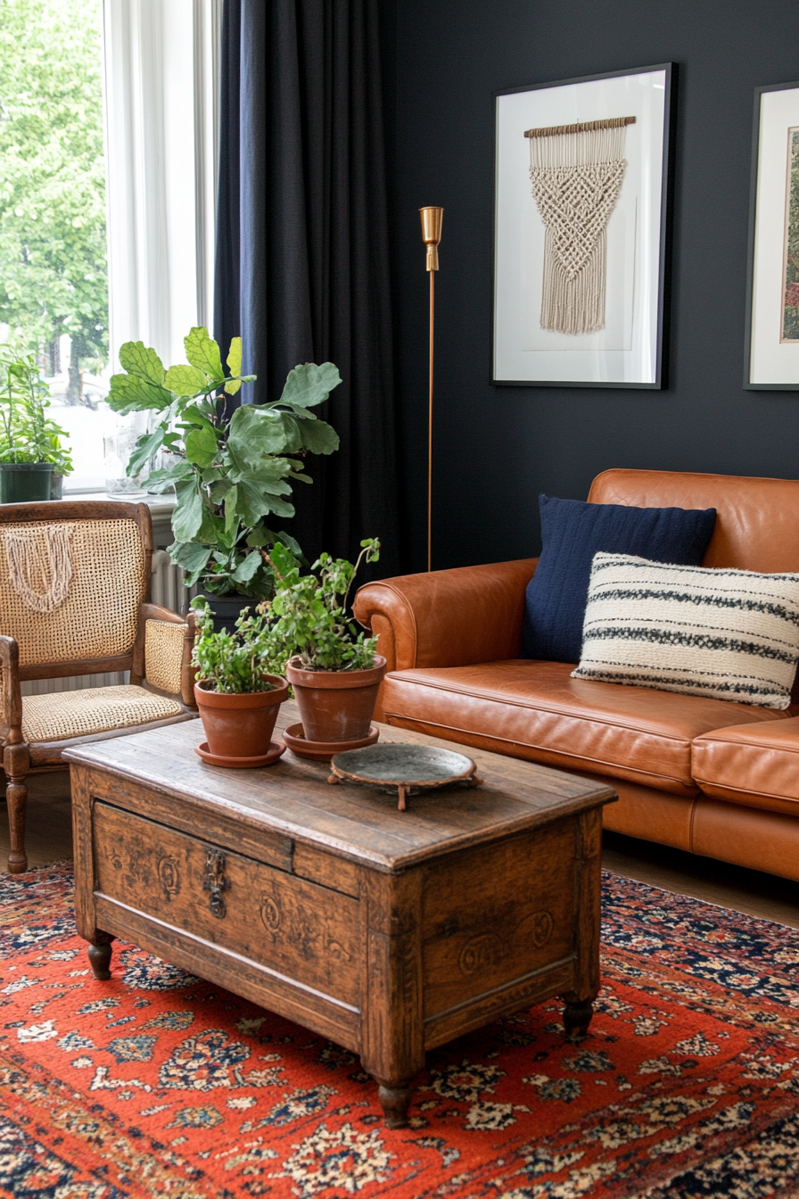 Vintage furniture pieces like a distressed leather sofa