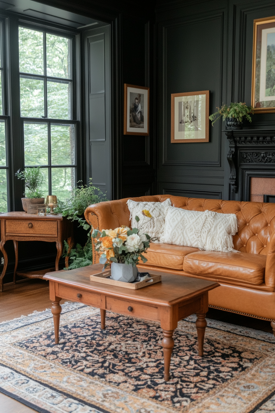 Vintage furniture pieces like a distressed leather sofa