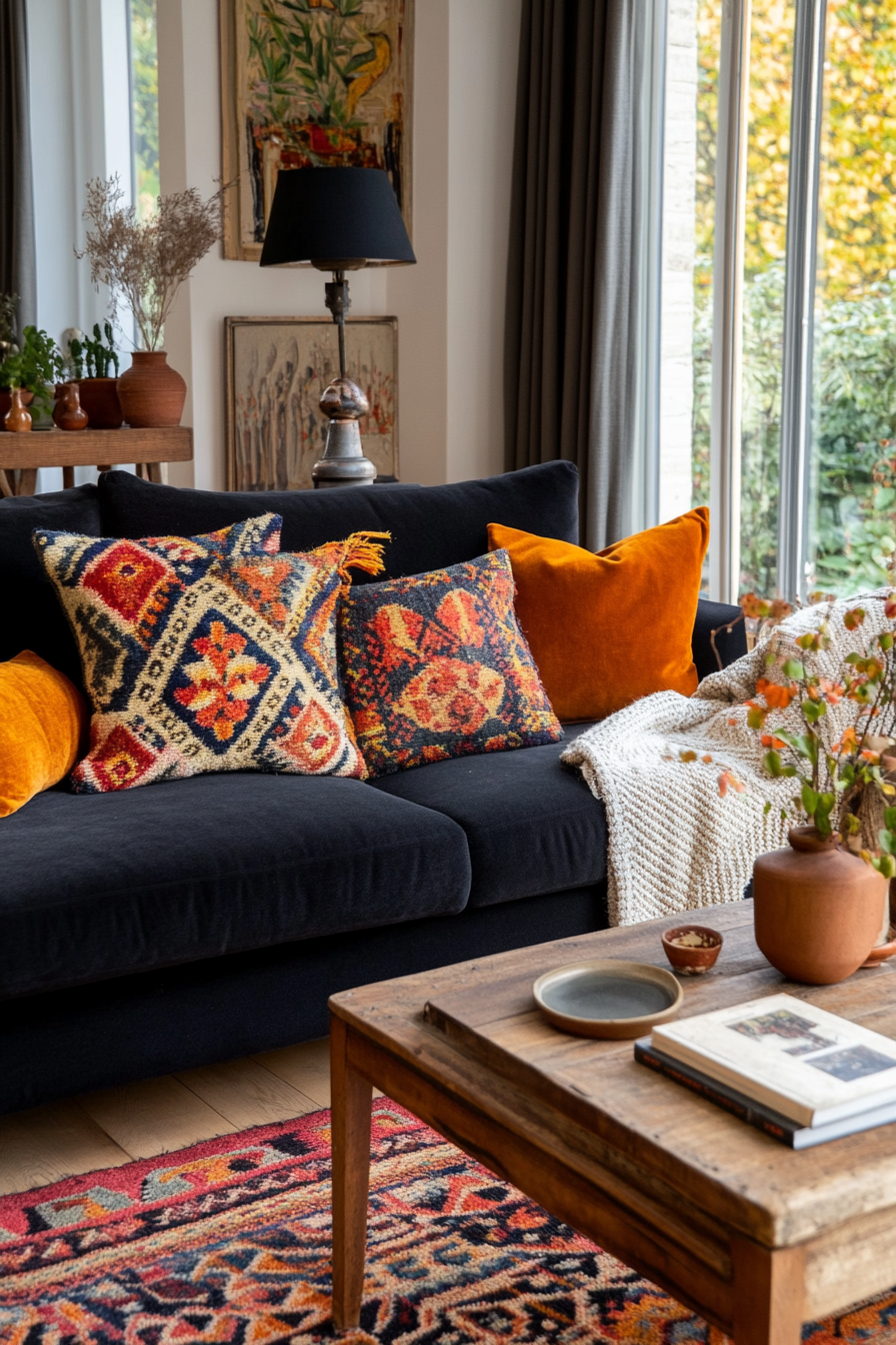 Cozy throw pillows and blankets in various textures and patterns