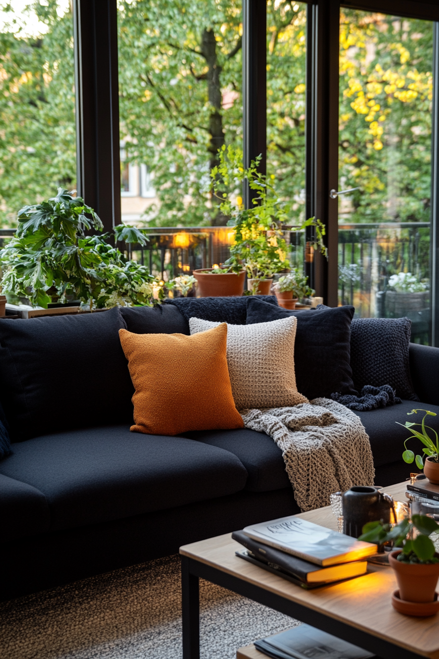 Cozy throw pillows and blankets in various textures and patterns