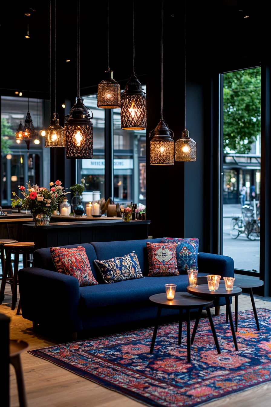 Intricate light fixtures, including a statement chandelier
