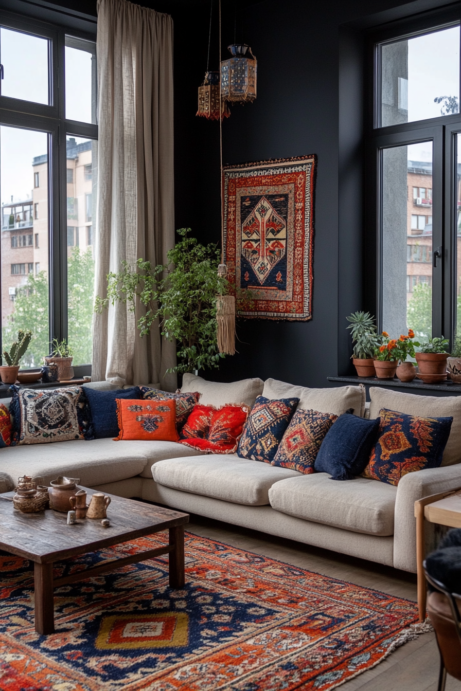 Variety of bohemian textiles, including woven throws