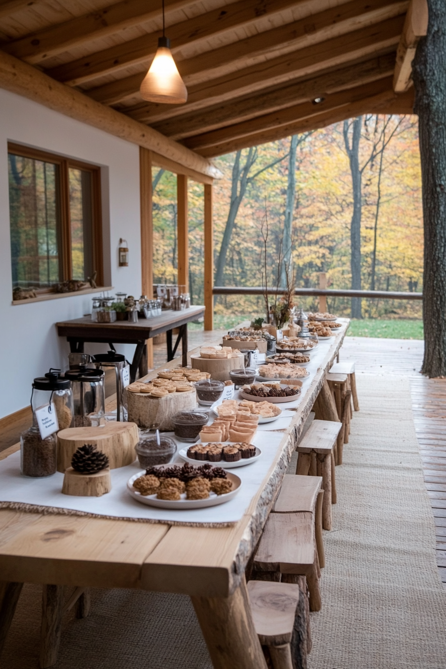 Rustic woodland adventure baby shower with forest animal decorations and s'mores station