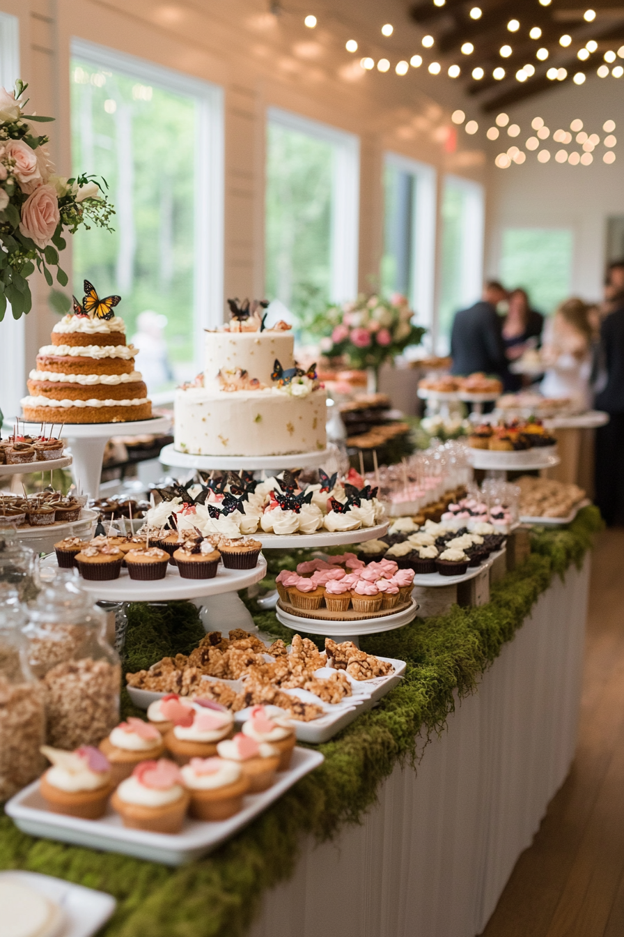 Woodland fairy tale baby shower with soft green, pink, and gold decorations
