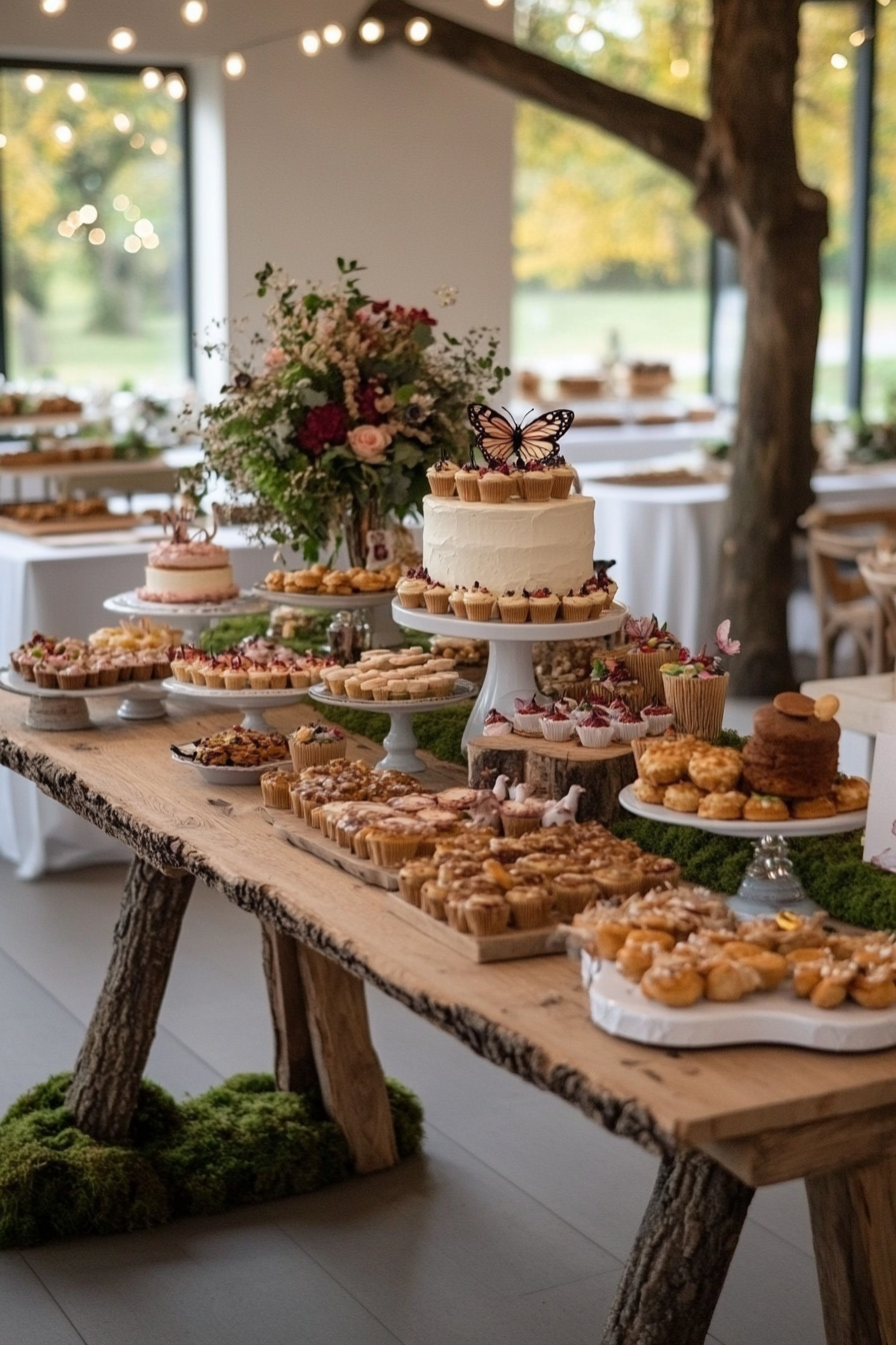 Woodland fairy tale baby shower with soft green, pink, and gold decorations