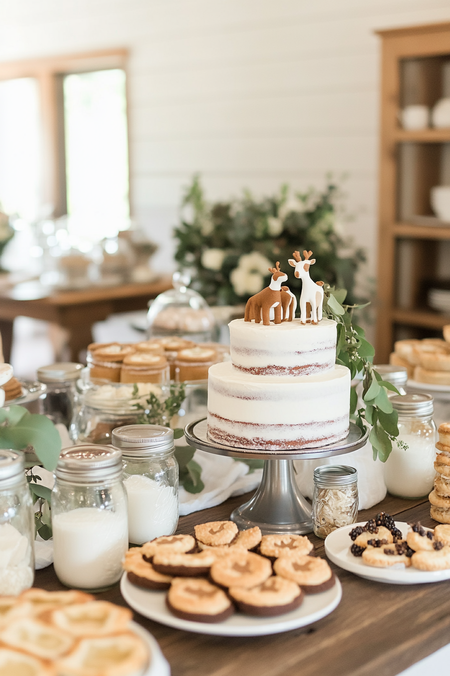 Farmhouse-themed baby shower with white, grey, and natural wood tones