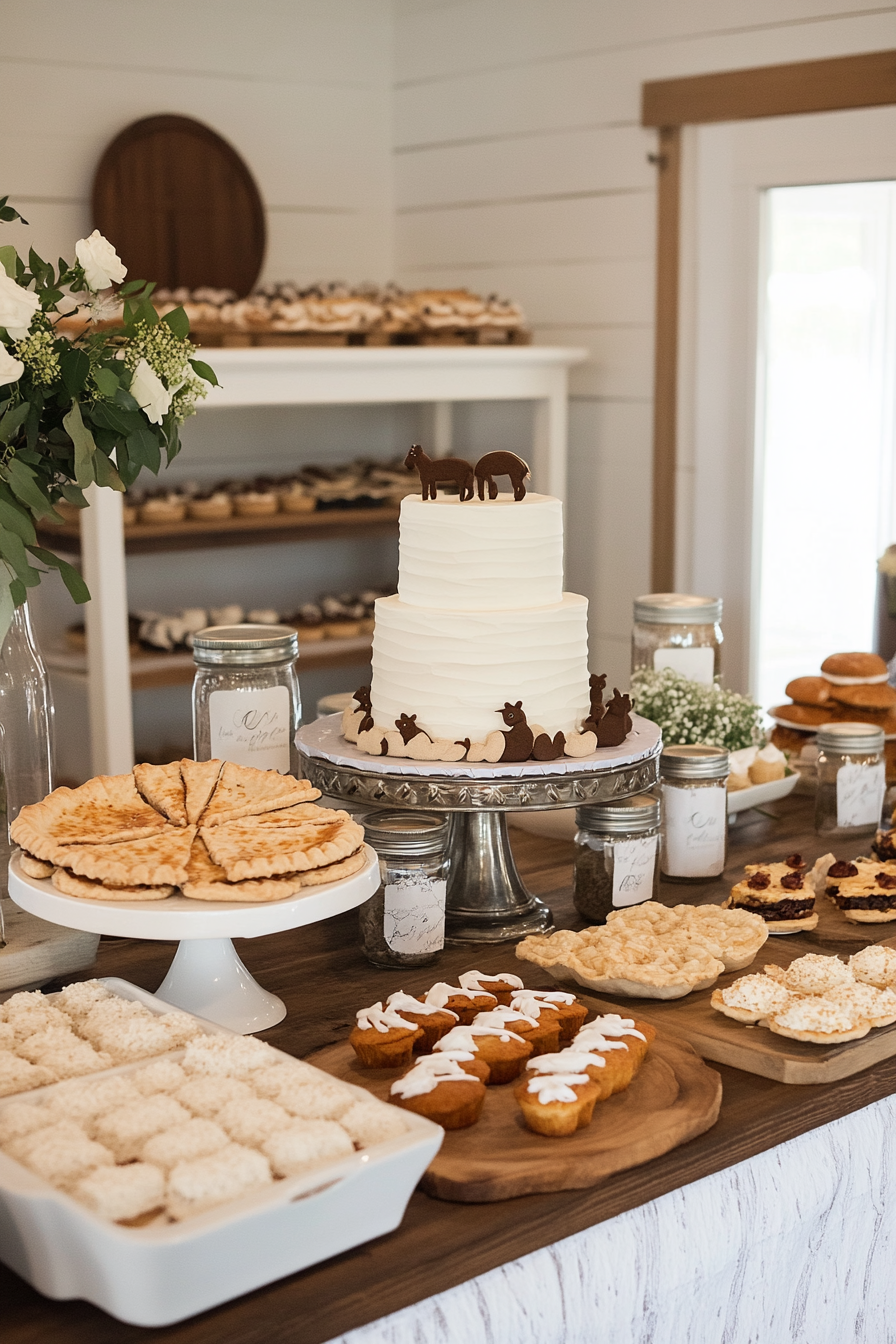 Farmhouse-themed baby shower with white, grey, and natural wood tones
