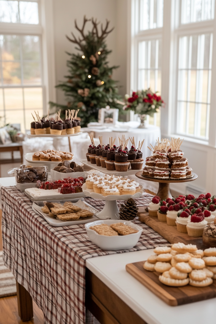 Cozy cabin-themed baby shower with deep green, red, and brown decorations