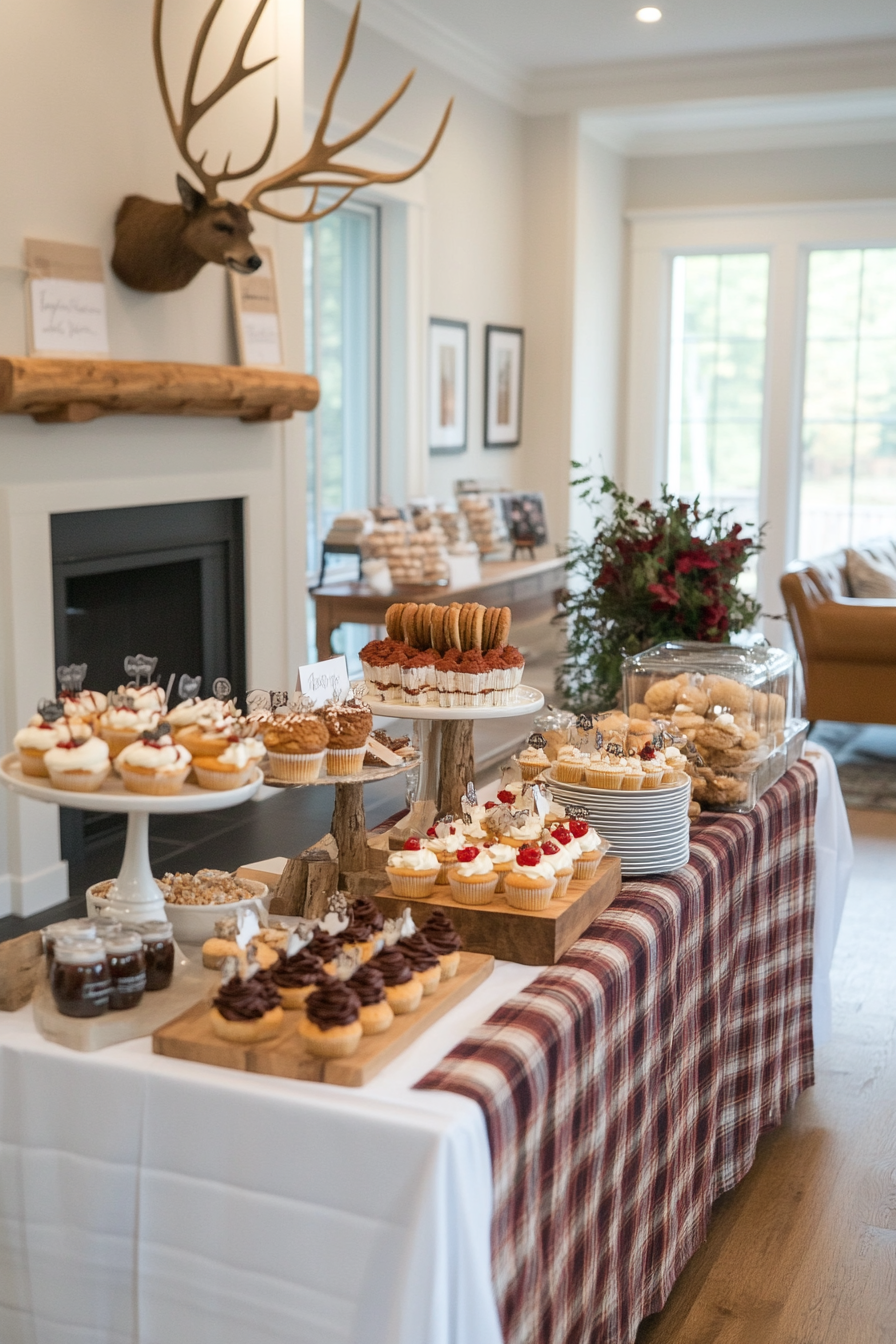 Cozy cabin-themed baby shower with deep green, red, and brown decorations