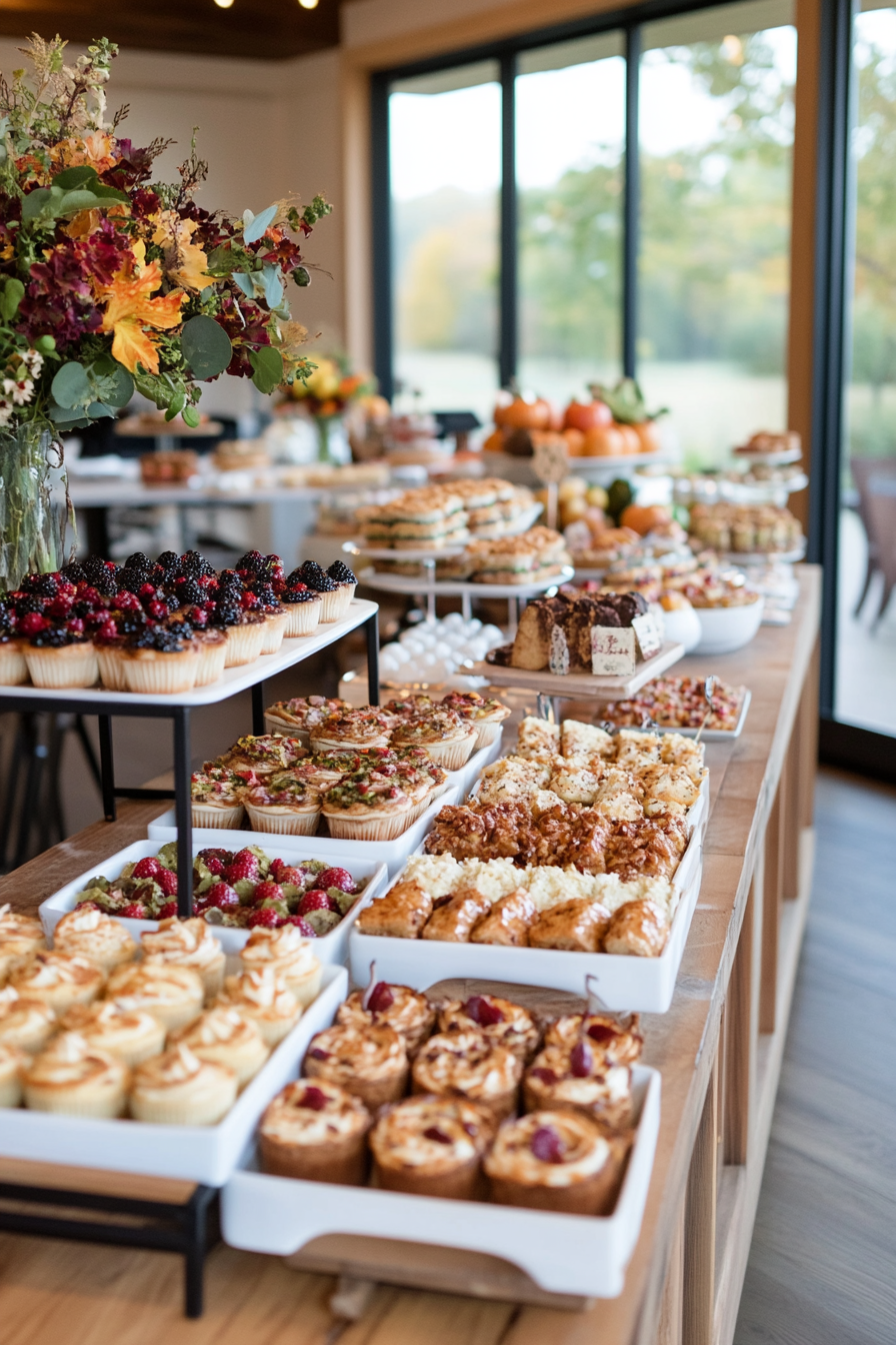 Autumn harvest brunch baby shower with rich orange, yellow, and brown decorations