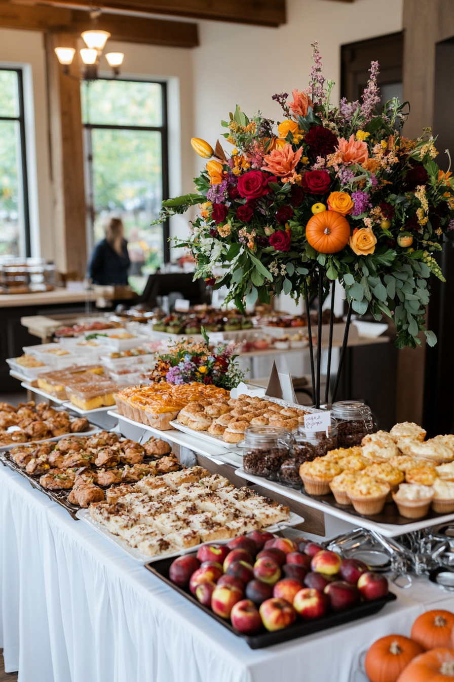 Autumn harvest brunch baby shower with rich orange, yellow, and brown decorations