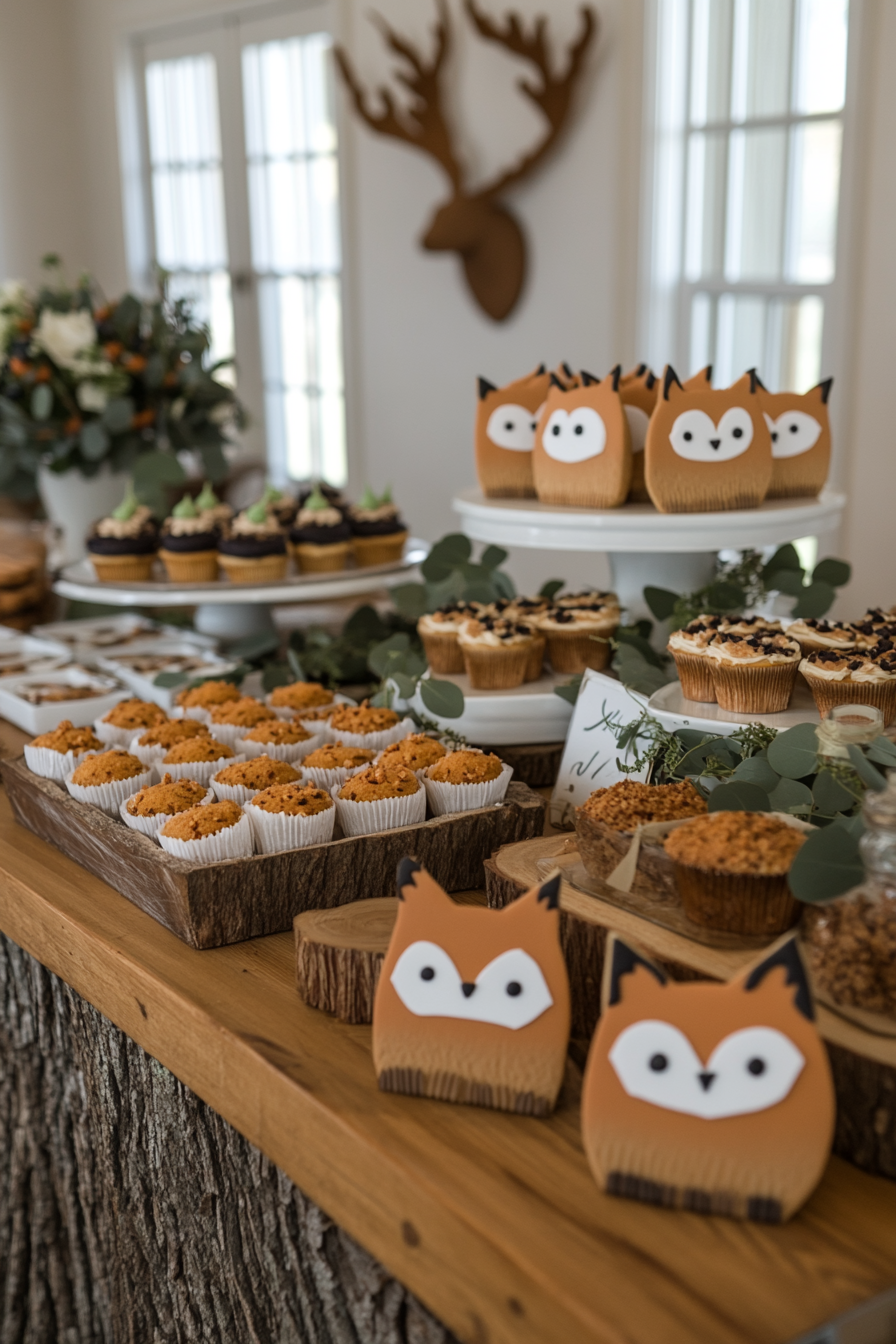 Woodland critters-themed baby shower with green, brown, and soft blue decorations
