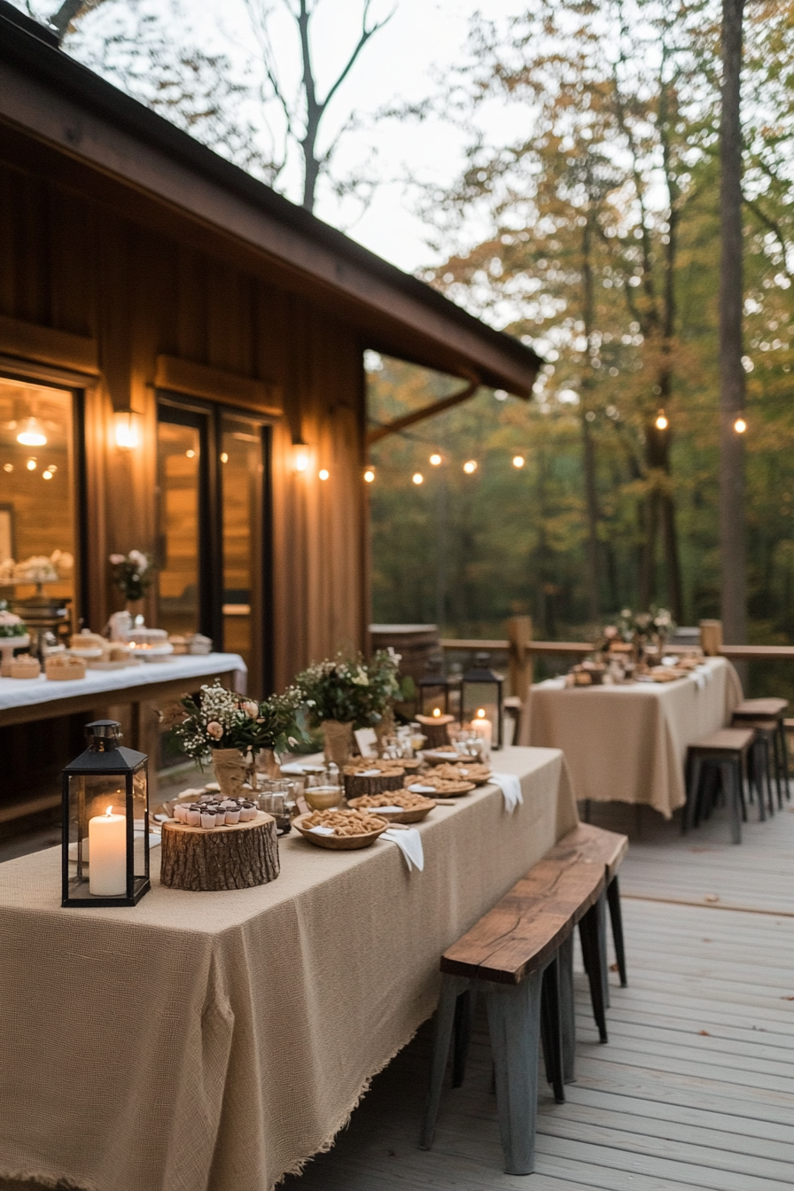 Rustic woodland adventure baby shower with forest animal decorations and s'mores station