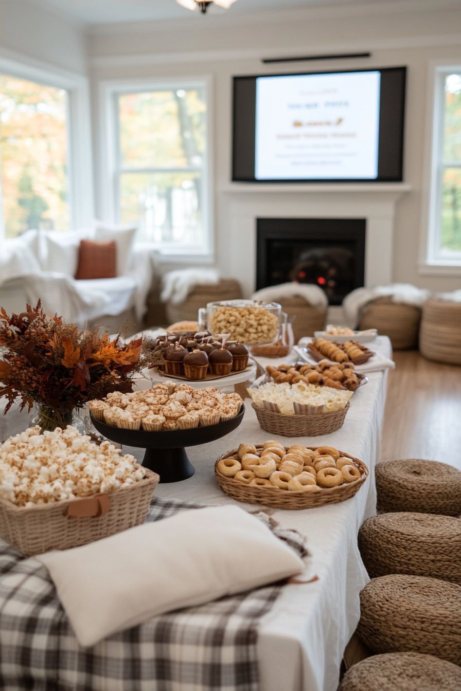 Cozy campfire-themed baby shower with earthy tones and s'mores treats
