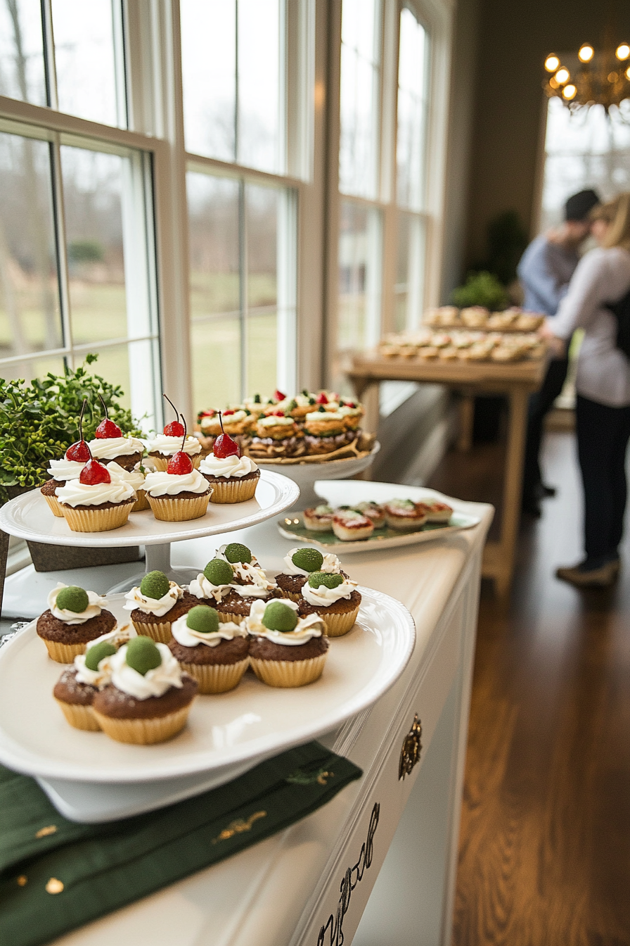 Two Peas in a Pod baby shower with green, gold, and white decorations