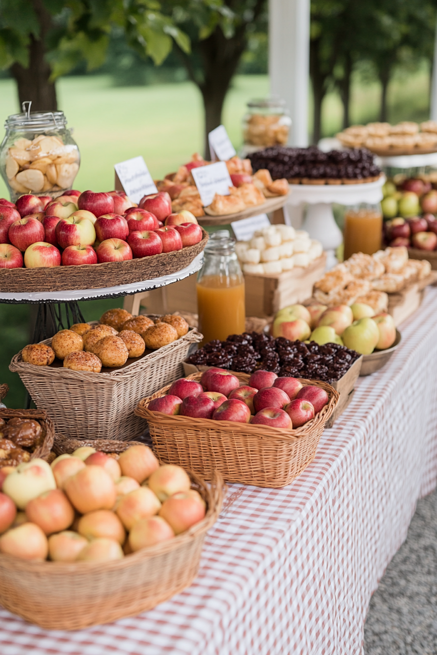 Apple orchard baby shower with red, green, and white decorations