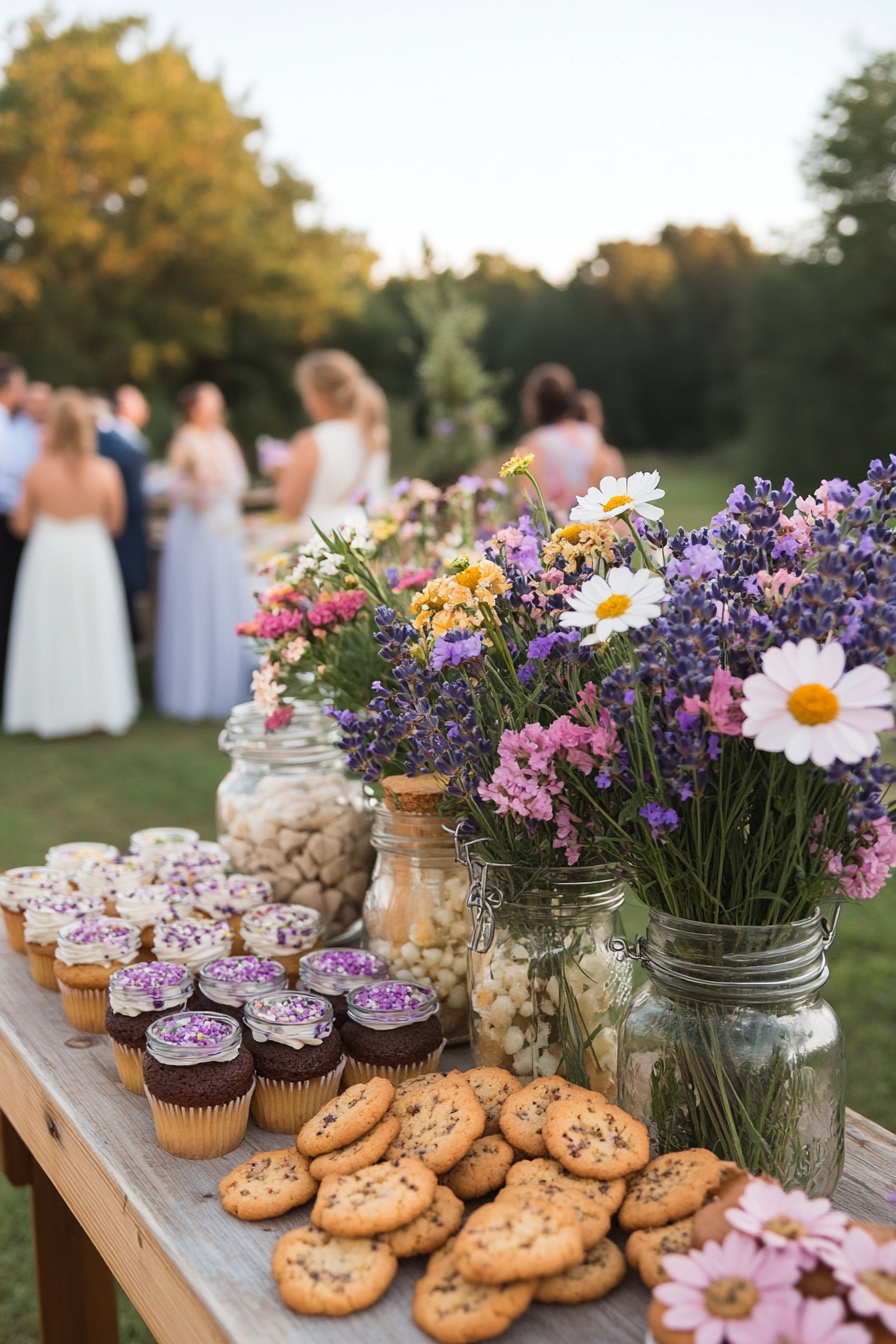Wildflower garden baby shower with soft pink, purple, and white decorations