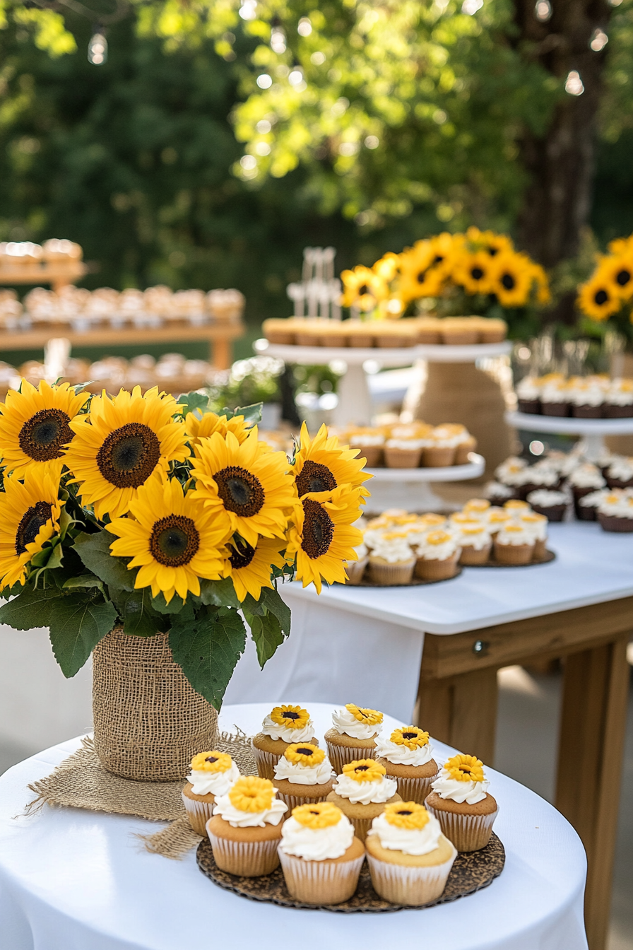 Sunflower-themed baby shower with yellow, brown, and green decorations