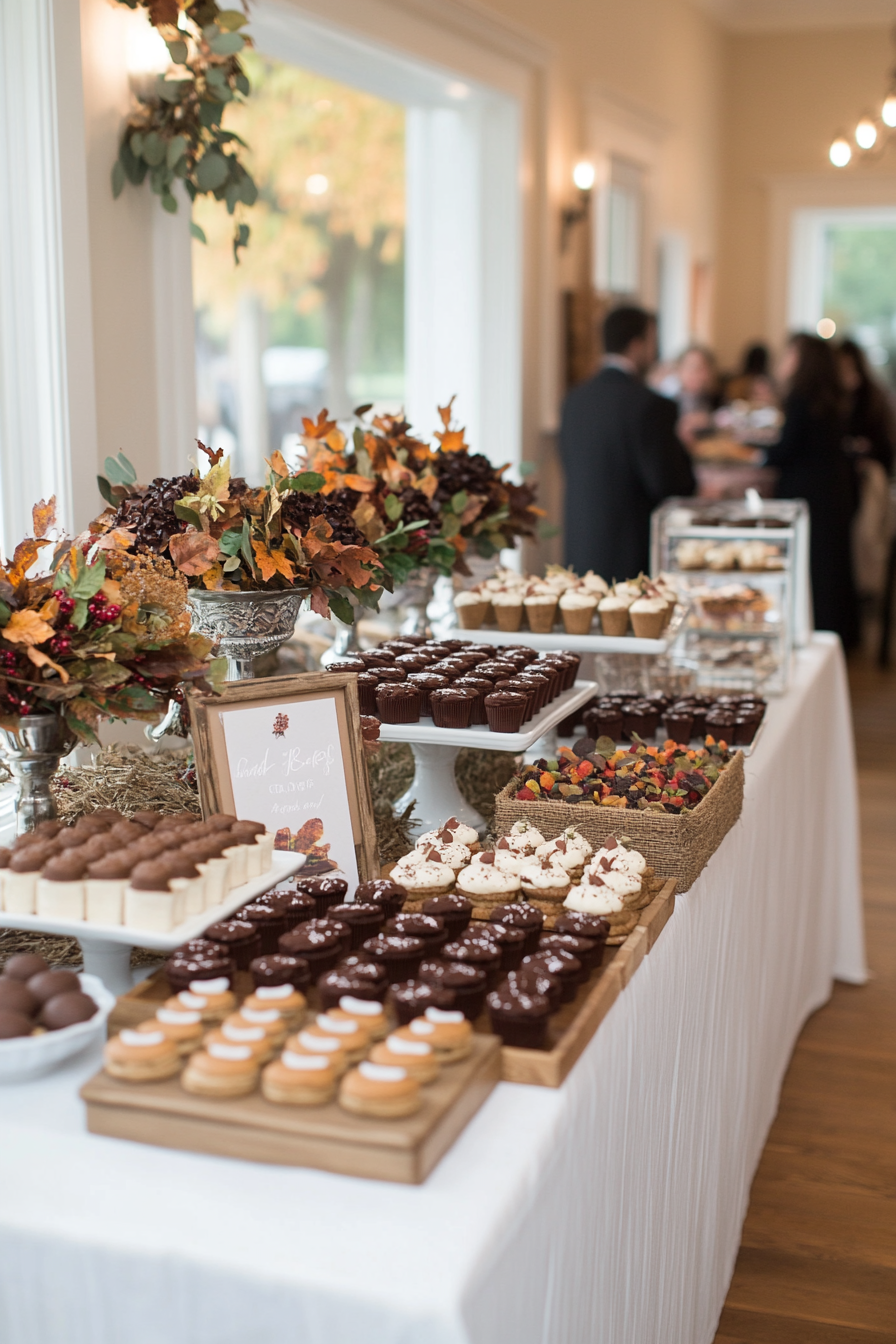 Autumn-themed baby shower for boys with leaf garlands and acorn centerpieces