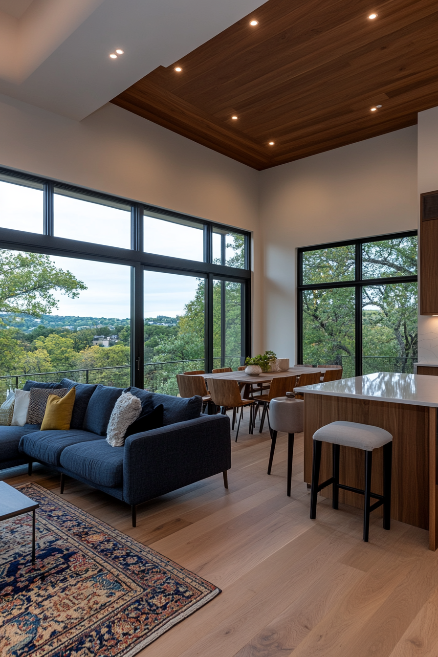 Spacious open floor plan living area with large windows