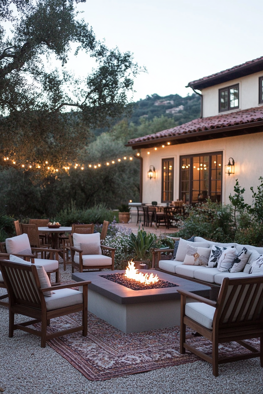 String lights and outdoor decor enhancing a cozy outdoor space